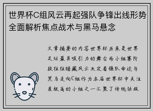 世界杯C组风云再起强队争锋出线形势全面解析焦点战术与黑马悬念