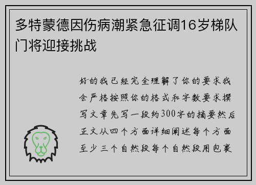 多特蒙德因伤病潮紧急征调16岁梯队门将迎接挑战